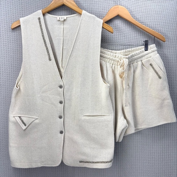 POL Two Piece Cream Knit Vest Shorts Women Small- Tweed Beach Boho Quiet Luxury - Picture 2 of 16